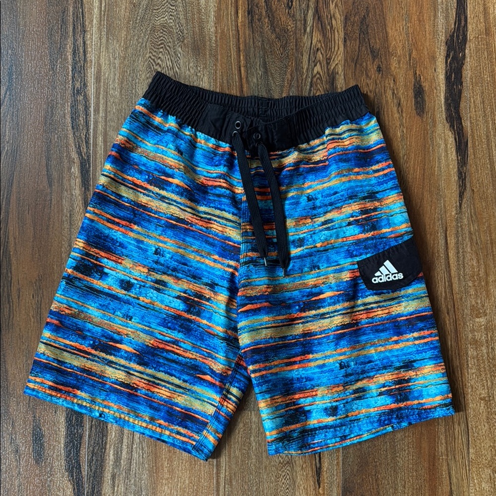 Adidas Blue and Orange Striped Shorts for Beach Fun
